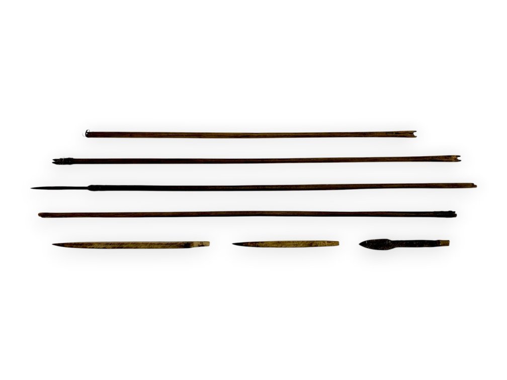 Four Wooden Arrow Shafts & Three Loose Points