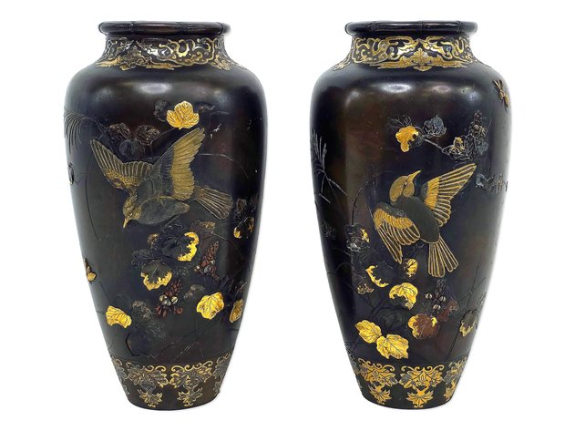 Pair of Meiji Japanese Mixed-Metal Bird & Floral Vases