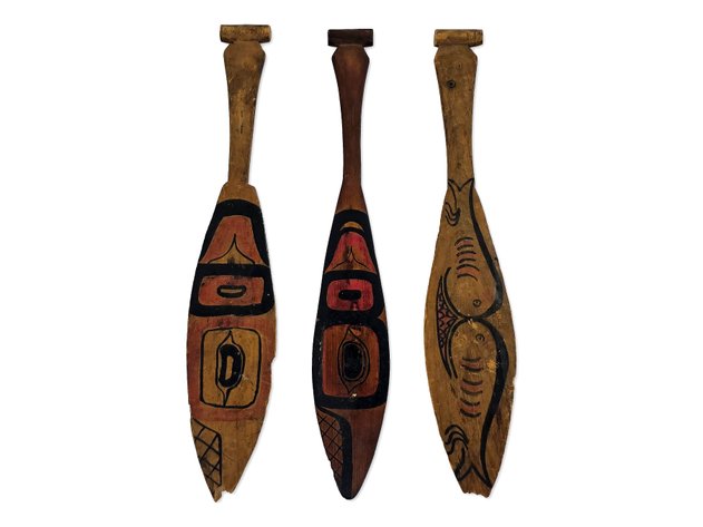 Three Northwest Coast Painted Wooden Paddle Models