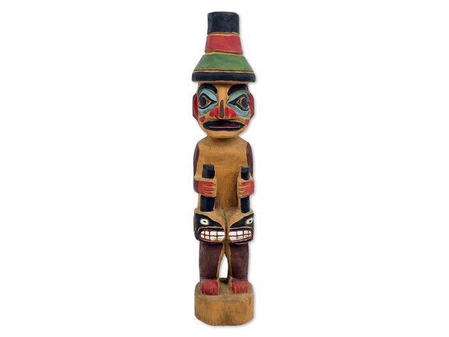Northwest Coast Totemic Carved Wood Figure with Paired Killer Whales
