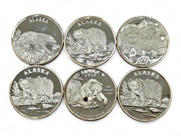 6x 1 ozt Alaska Bear-Themed Fine Silver Medallions