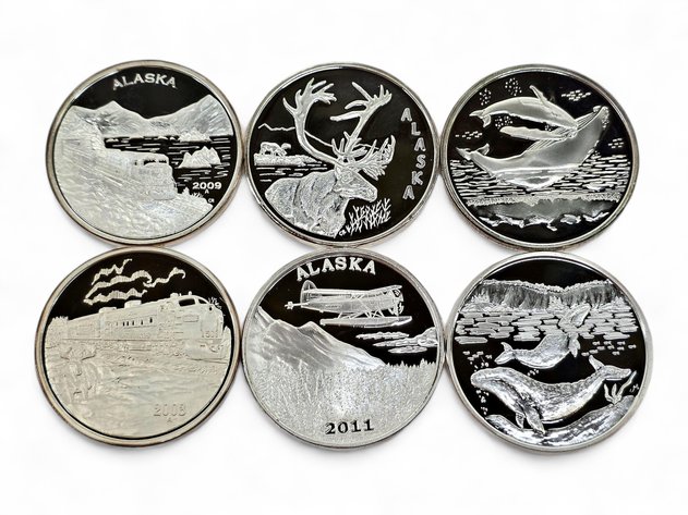6x 1 ozt Alaska Mint Railroad, Aviation & Wildlife Fine Silver Medallions