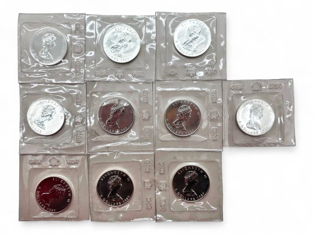 10x 1989 $5 1 ozt Canadian Silver Maple Leaf Coins