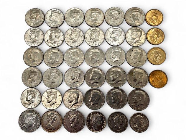 Kennedy Half Dollars w/ Sacagawea, Presidential & Susan B. Anthony Dollars; Foreign Coins