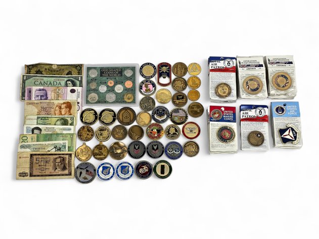International Banknotes w/ Military Challenge Coins & Medallions