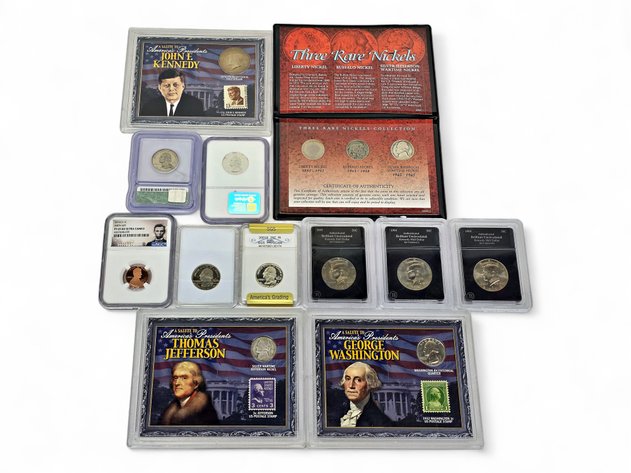 Graded Washington Quarters, Lincoln Cent, Uncirculated Kennedy Half Dollars & More