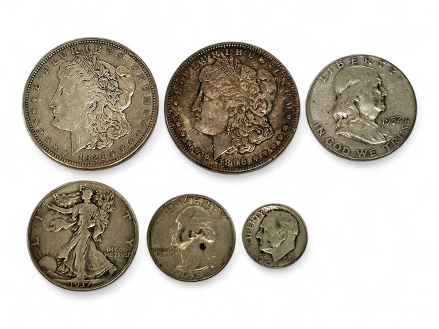 6x U.S. Silver Coins: Morgan Dollars, Walking Liberty & Franklin Halves, Quarter & Dime