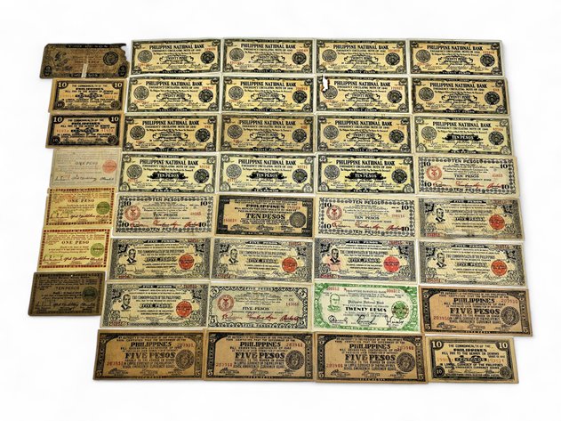 39x 1, 2, 5, 10, & 20 Peso Banknotes & Emergency Currency Notes