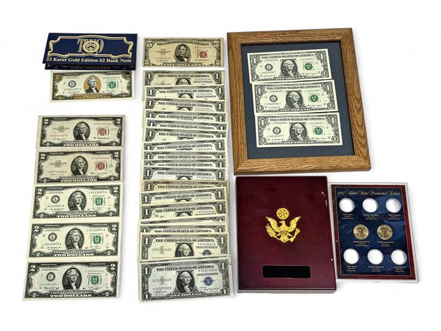 $1 Silver Certificates w/ $1, $2 & $5 Federal Reserve Notes & Presidential Dollar Coins