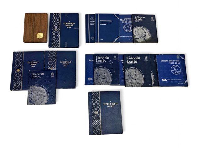 18x Lincoln Cent, Jefferson Nickel & Roosevelt Dime Coin Books w/ 1971-S Eisenhower Silver Proof Dollar
