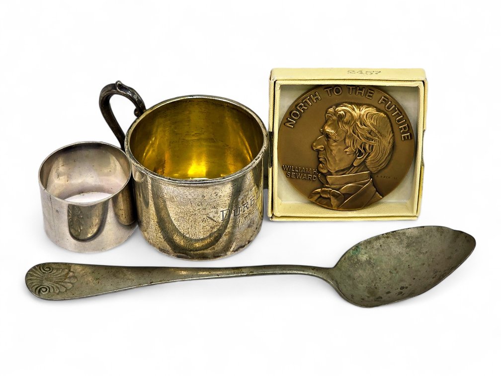 Sterling Mug & British Napkin Ring, with Alaska Medallion & Spoon