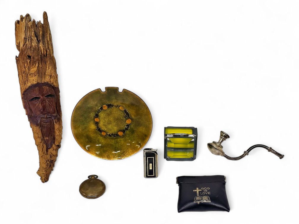 U.S.C.E. Pocket Compass, Carved Wood Face, Pipe, Lighter & Collectibles