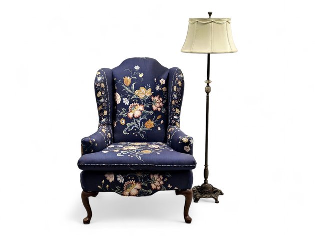 Wingback Chair & Brass & Stone Floor Lamp