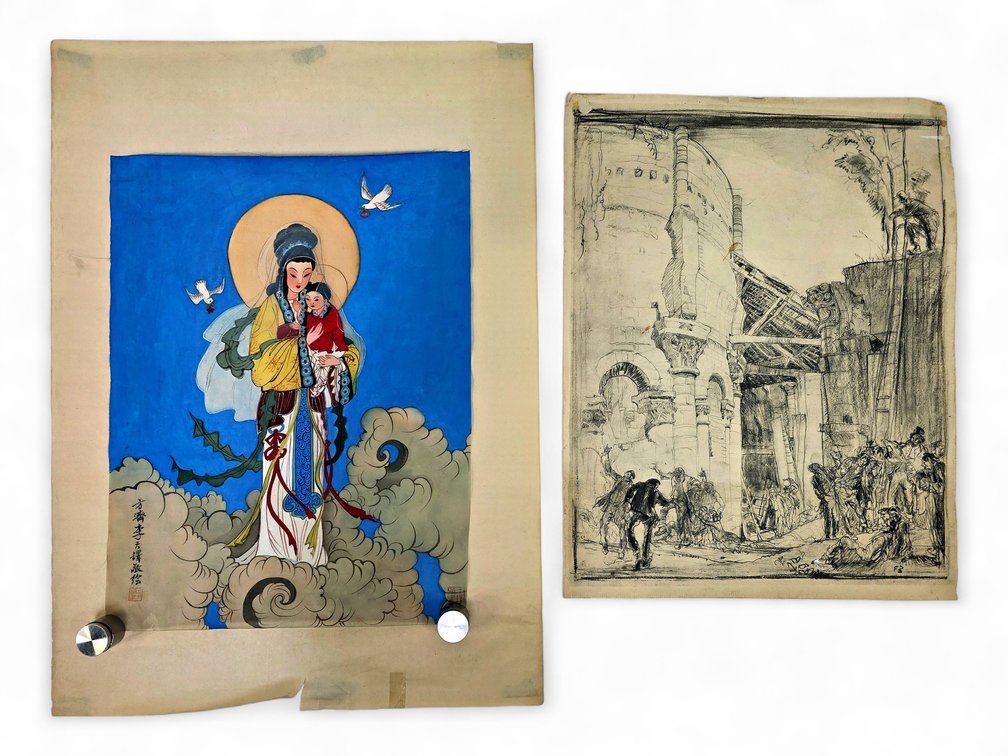 Chinese Madonna & Child on Silk, Inscribed Li Tianduo, & Brangwyn Print
