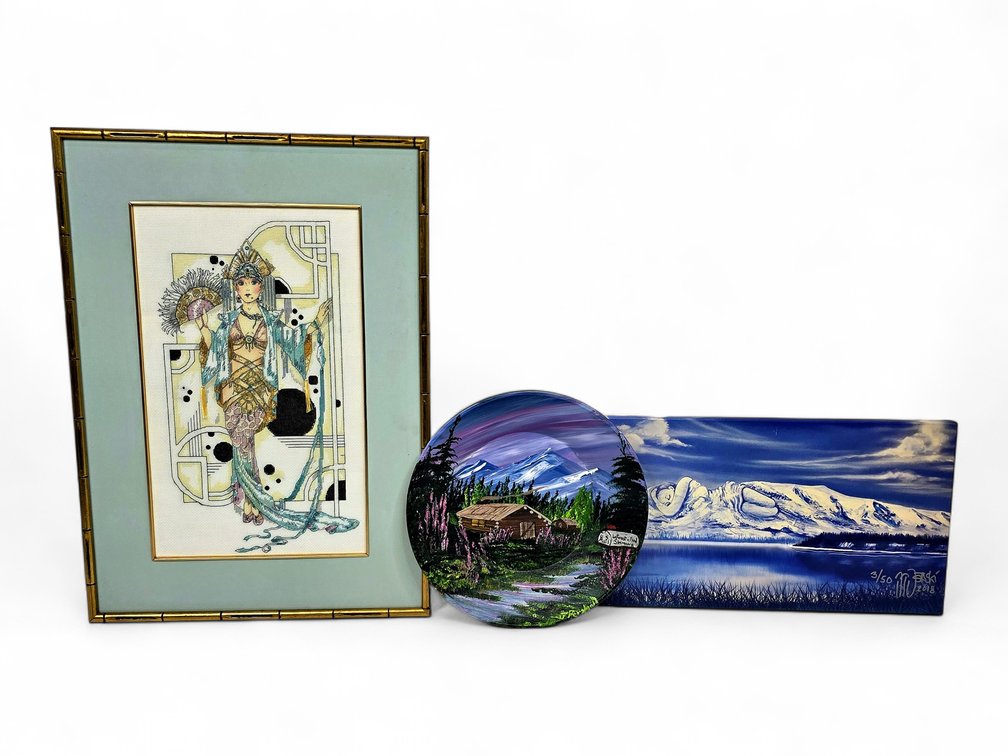 Cross-Stitch Picture, Mount Susitna Print and Painted Gold Pan