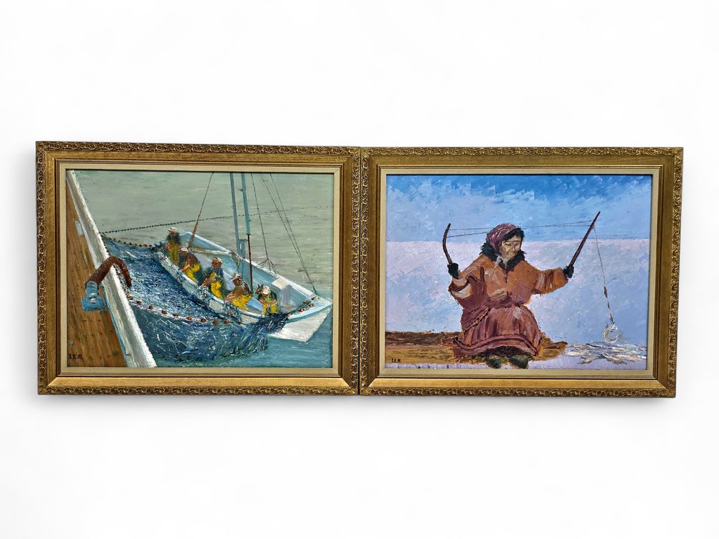 Two Original Fishing-Scene Paintings, Indistinctly Initialed