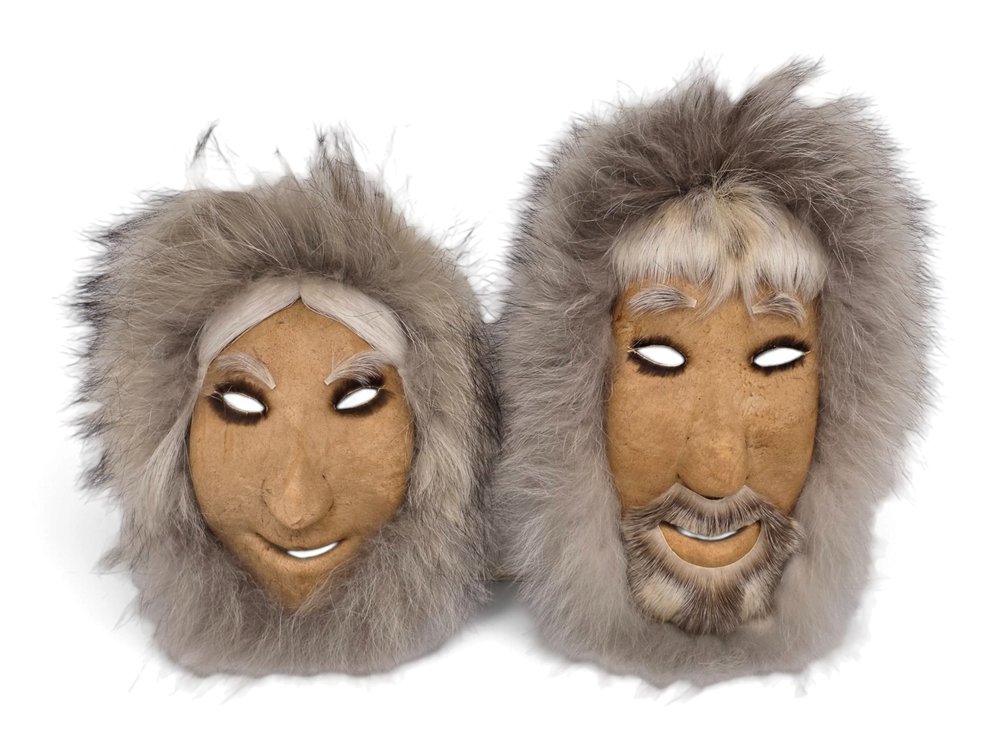 Anaktuvuk Pass-Style Hide Face Masks with Wolf Fur Ruffs, Male & Female