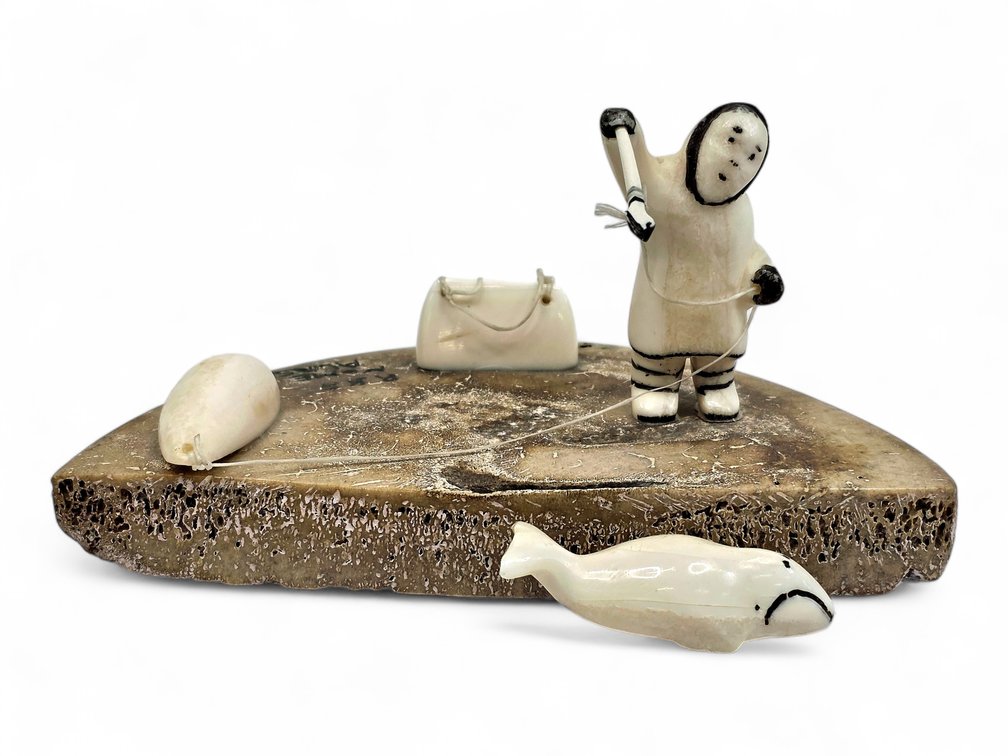 Walrus Ivory Hunter-and-Whale Sculpture on Whalebone Base