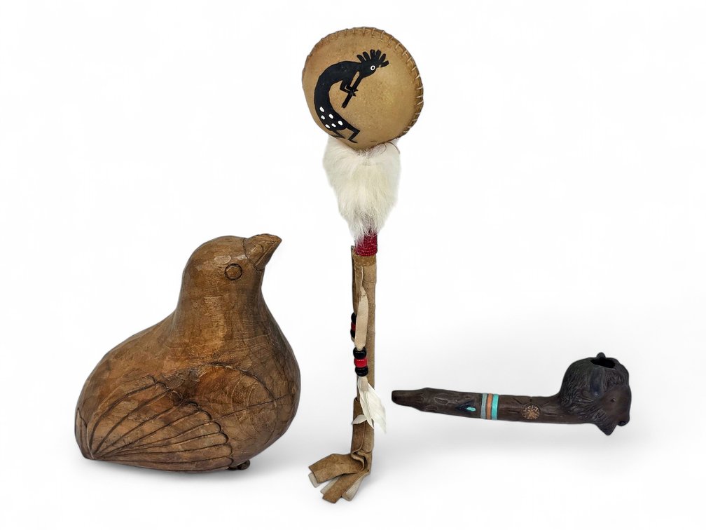 Carved Wood Bird, Kokopelli-Design Rattle and Buffalo-Head Pipe