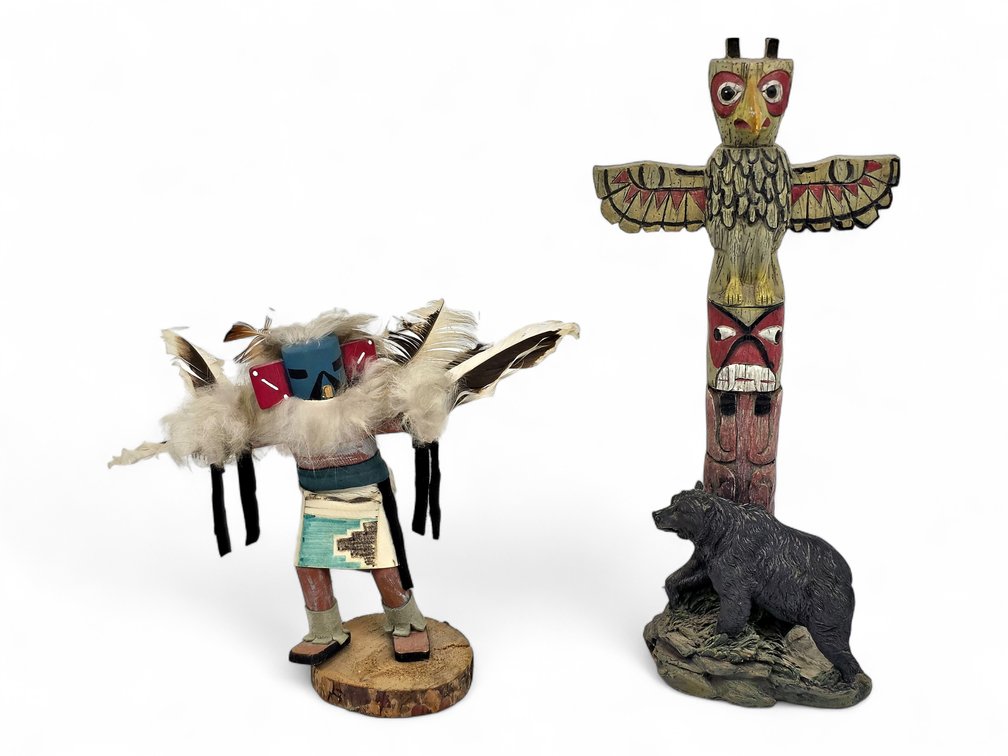 Eagle Dancer Kachina Figure, Signed R.L., & Souvenir Totem Pole