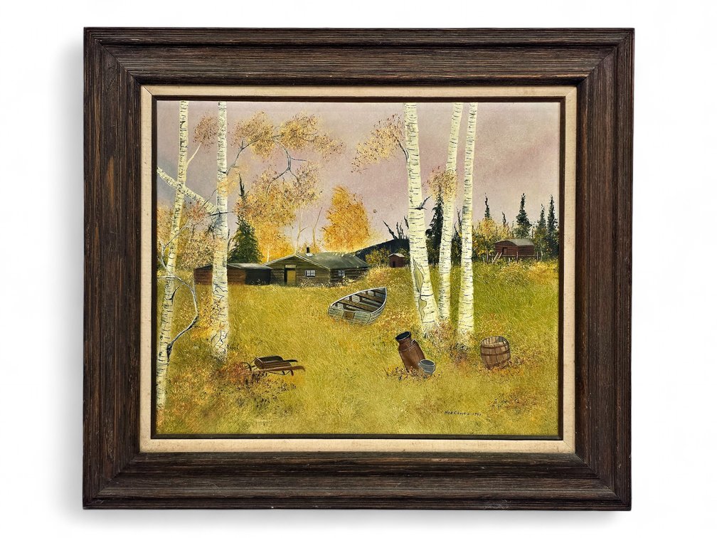 Nick Chavez 1981 Original Oil Painting: Autumn Homestead among Birch Trees