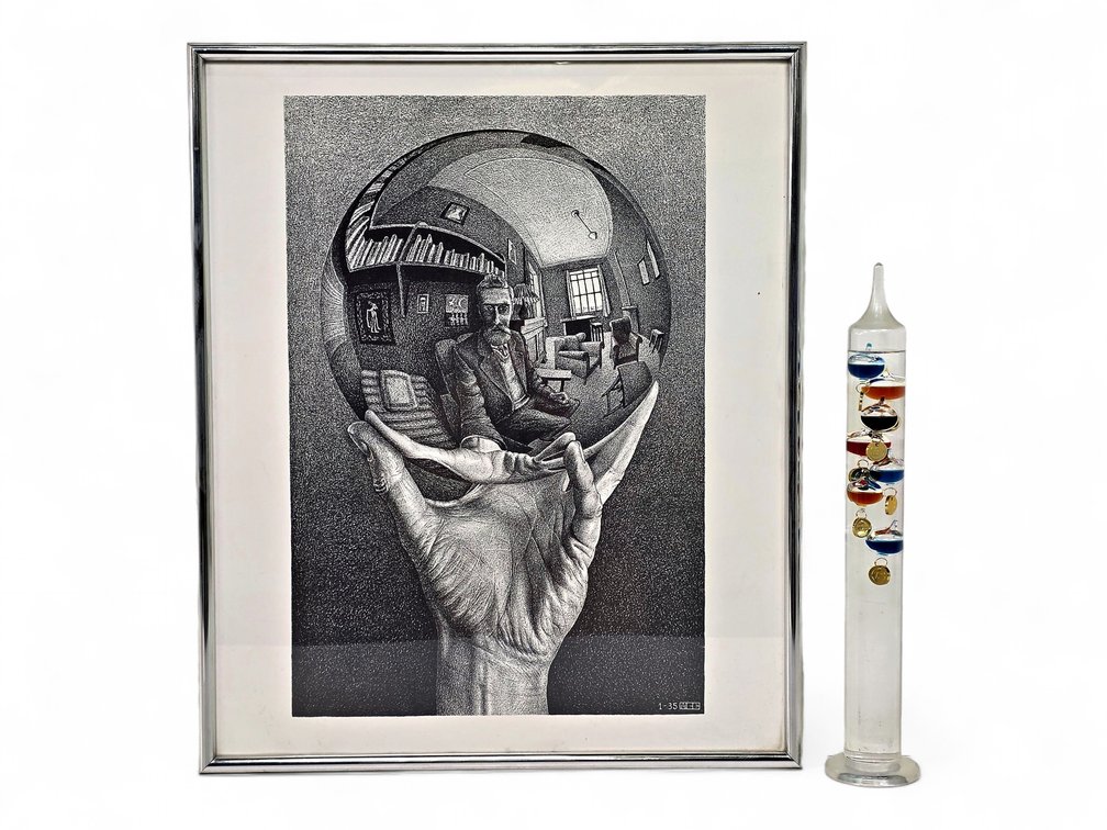 After M. C. Escher, “Hand with Reflecting Sphere” Print and Galileo Thermometer
