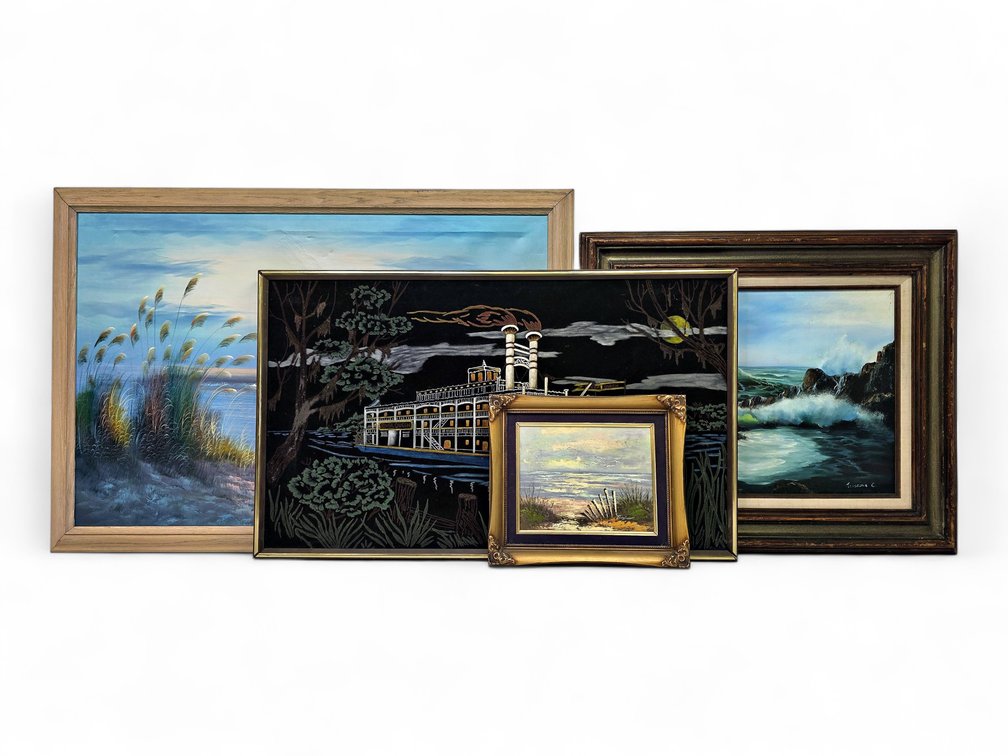 Four Framed Paintings — Coastal Scenes and Paddlewheel Boat on Black Velvet