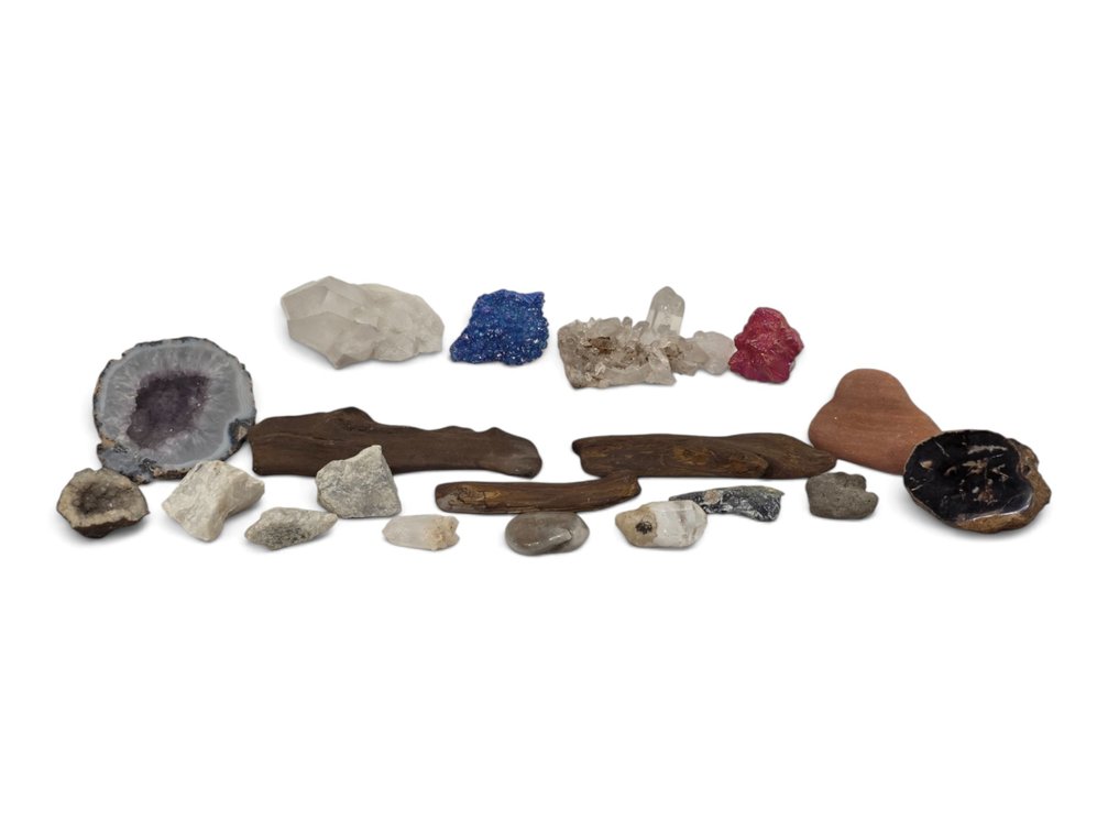 Geode Halves, Crystal Clusters and Wood Specimens