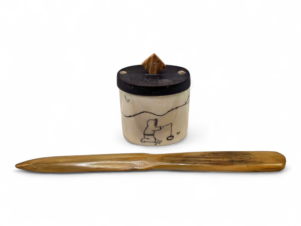 Walrus Ivory Scrimshaw Container with Mammoth Ivory Finial & Letter Opener