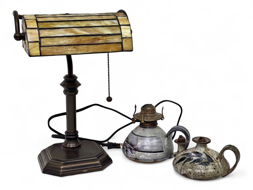 Tiffany-Style Banker’s Lamp & Two Studio Pottery Oil Lamps