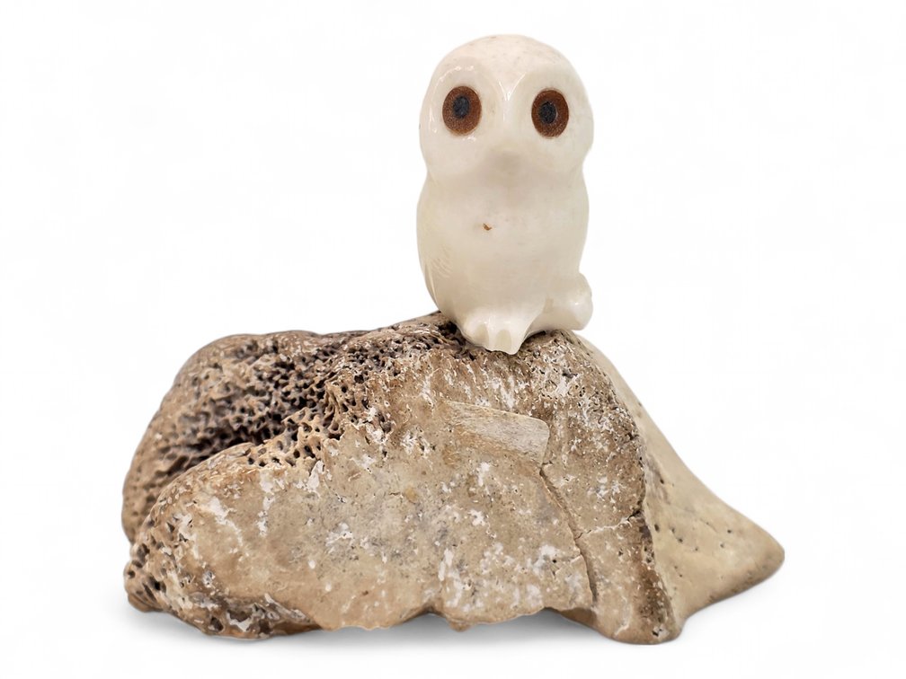 Walrus Ivory Owl on Bone Base with Mineralized Ivory & Baleen Inlaid Eyes