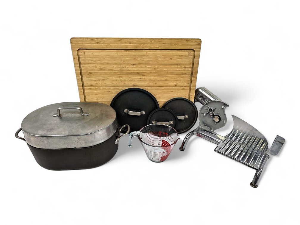 Rival Food Slicer, Magnalite Roaster, Pyrex Measuring Cup, Cutting Board & Lids