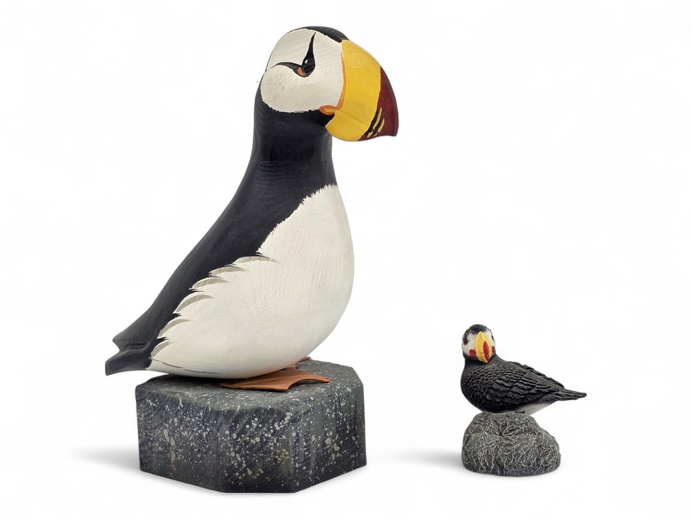 John Nelson Wooden Horned Puffin & Small Painted Puffin Figurine