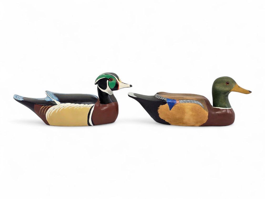 Ed Moe Painted Wooden Wood Duck & Mallard Decoys