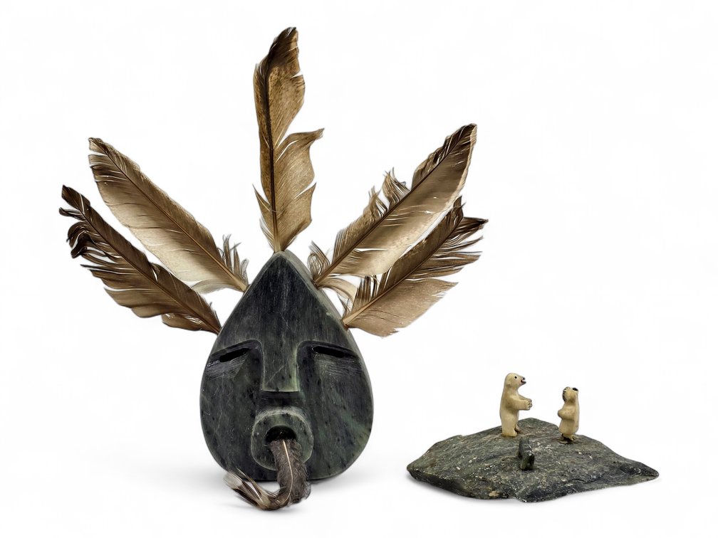 Glenn Tootkaylok Soapstone Mask & Walrus Ivory Polar Bear Encounter Scene