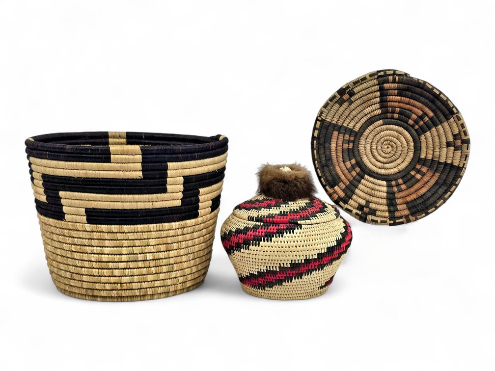Two Geometric Coiled Grass Baskets & Tray, One with Carved Walrus Ivory Button
