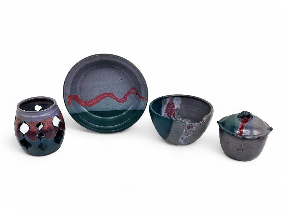 Four Coordinating Signed Studio Pottery Pieces with Purple, Green & Red Glazes
