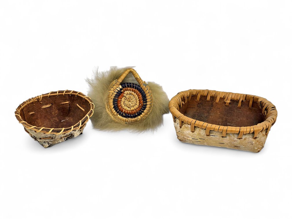 Two Birch Bark Baskets & Yup’ik Coiled Grass Dance Fan with Fur Trim