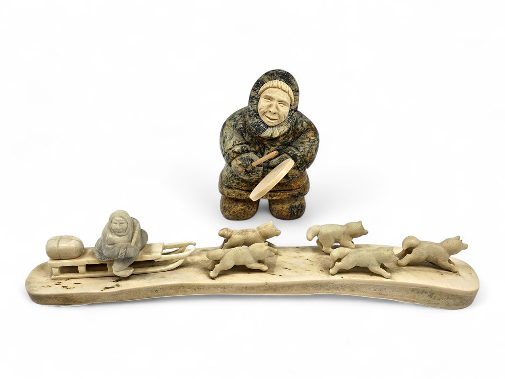 Inuit Soapstone Drummer & USSR Magadan Antler Dog-Sled Sculpture
