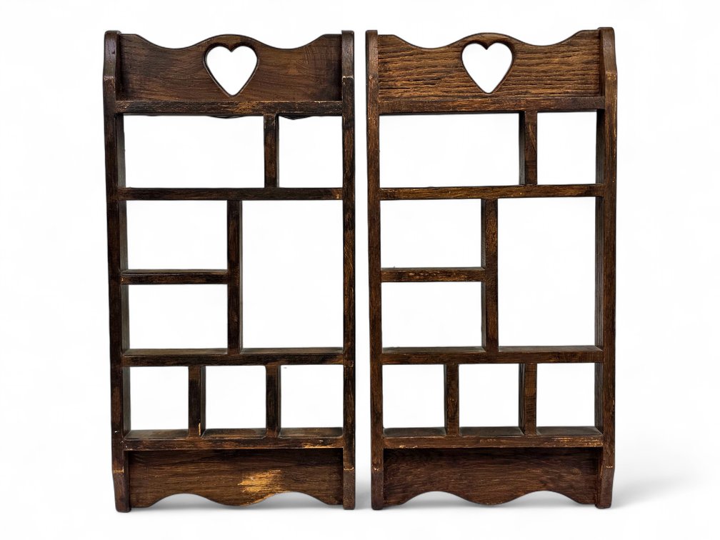 Two Wooden Wall Display Shelves with Heart Cutouts