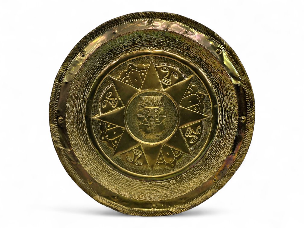 Large Aztec-Style Hammered Brass Wall Plate, 39 Inches