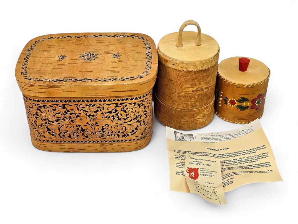 Russian & Other Birch Bark Lidded Baskets with Artworld Paperwork