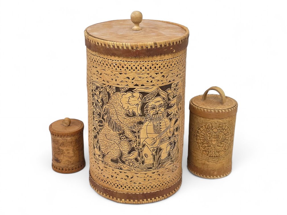Three Russian Birch Bark Lidded Baskets