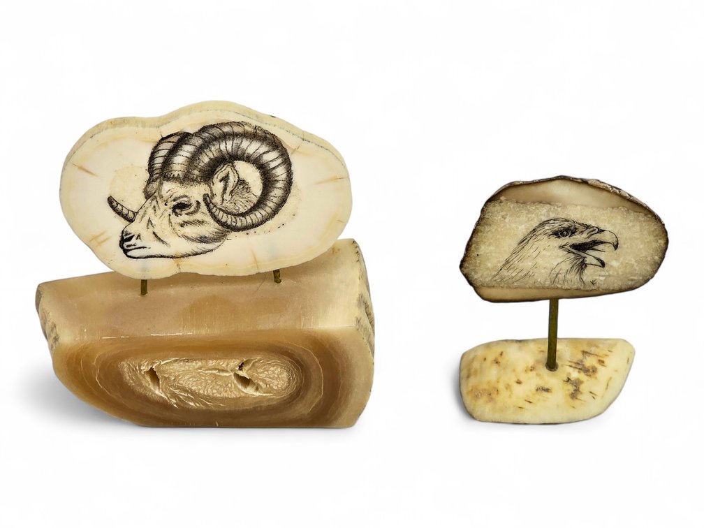 Mounted Walrus Ivory Scrimshaw Ram & Eagle Displays with Horn & Tusk Bases