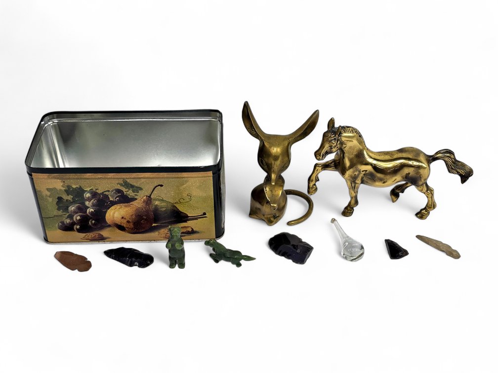 Brass-Toned Horse & Mouse, Jade Carvings, Obsidian & Clay Points with Tin