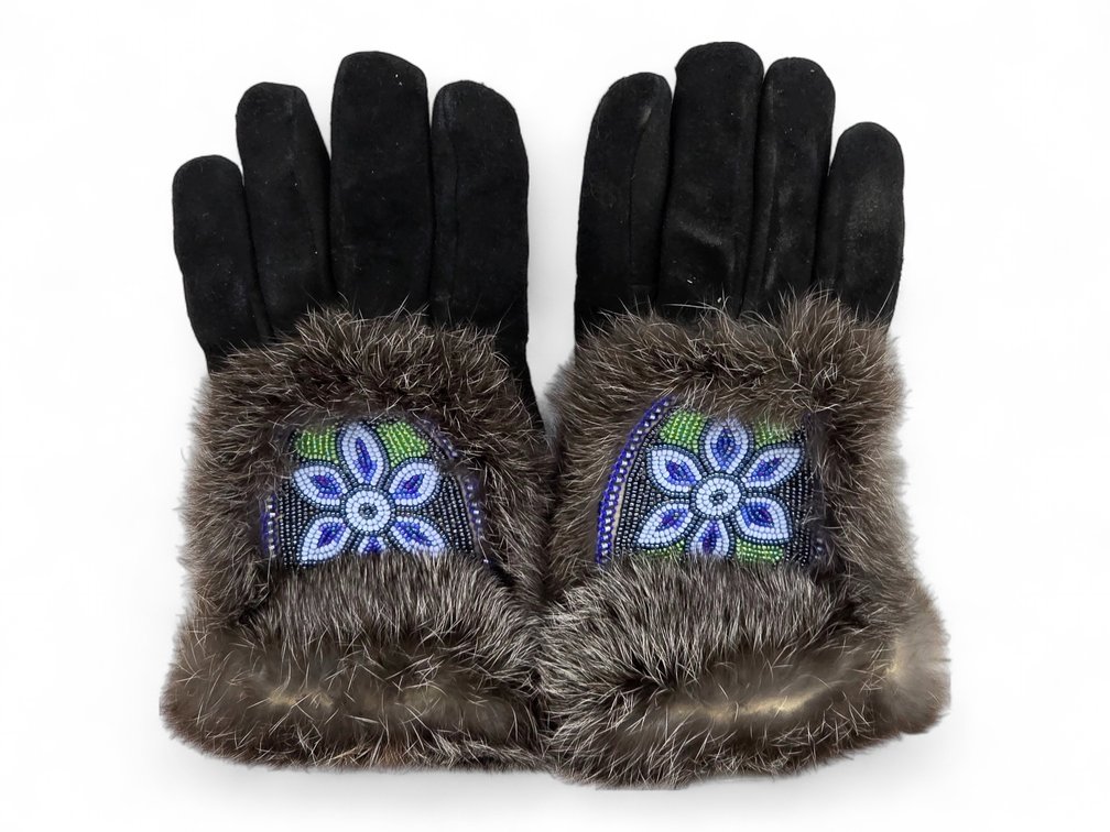 Alaska Native Beaded Leather & Silver Fox Fur Gloves