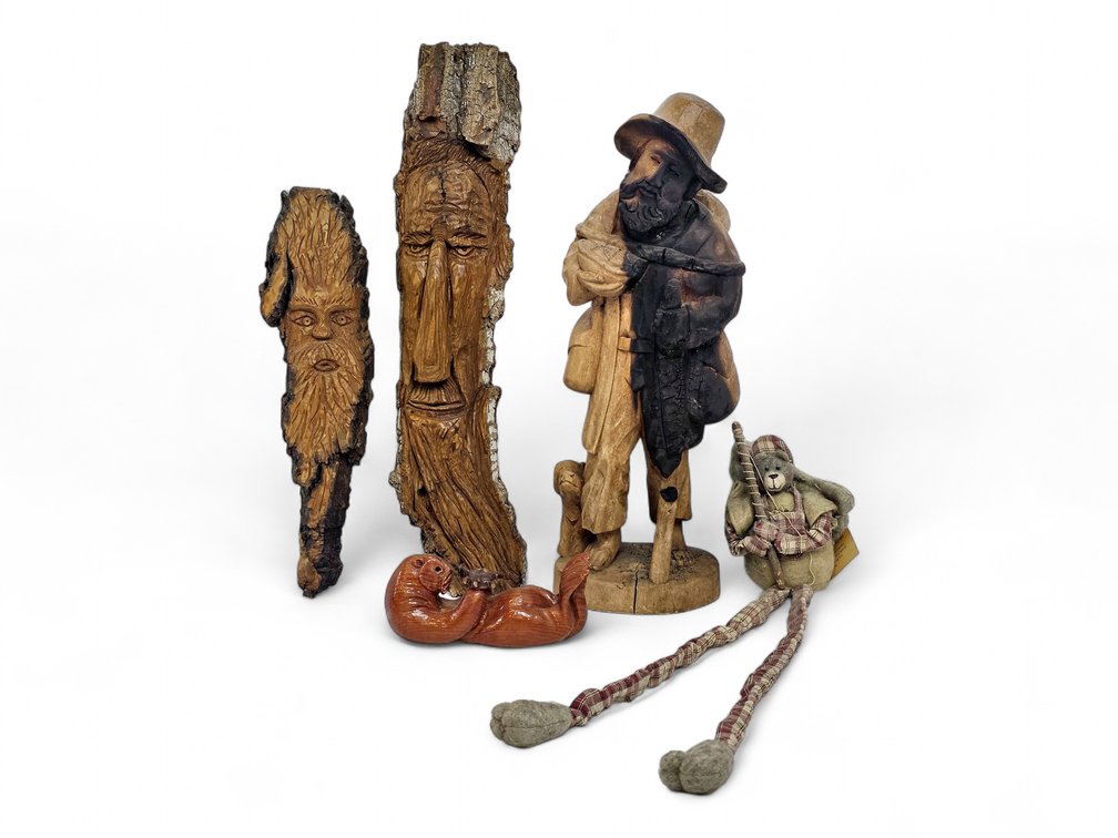 Walt Pelrine & Other Wood Carvings, Walrus Figure & Fishing Teddy Bear