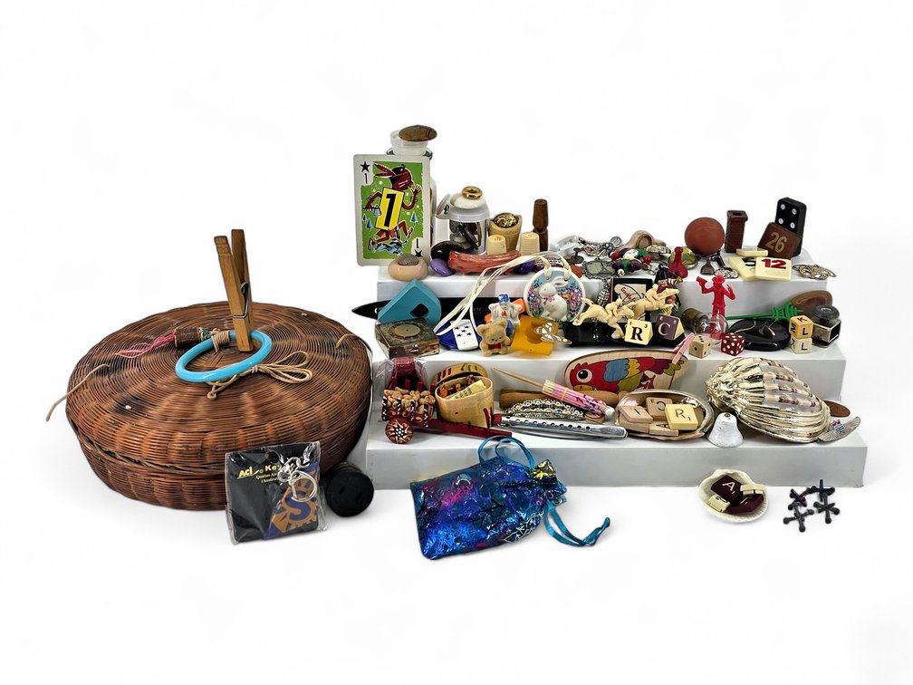 Chinese Sewing Basket, Metal Pill Box, Marbles & More