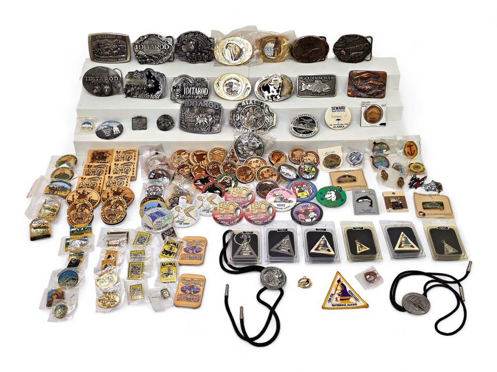 Alaska Event Buckles & Pins — Iditarod, Fur Rondy, State Fair & Salmon Derby