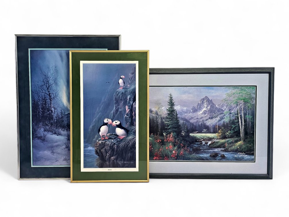 Three Signed Tok Hwang Prints — Aurora, Puffins & Cabin Landscape